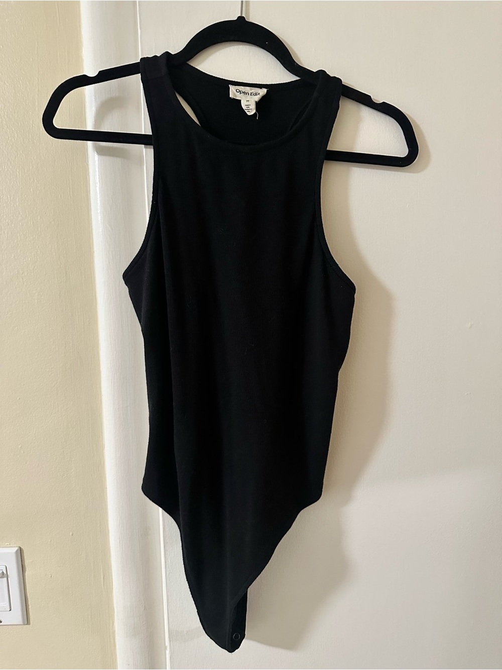 Open Edit Black Ribbed High-Neck Racerback Bodysuit